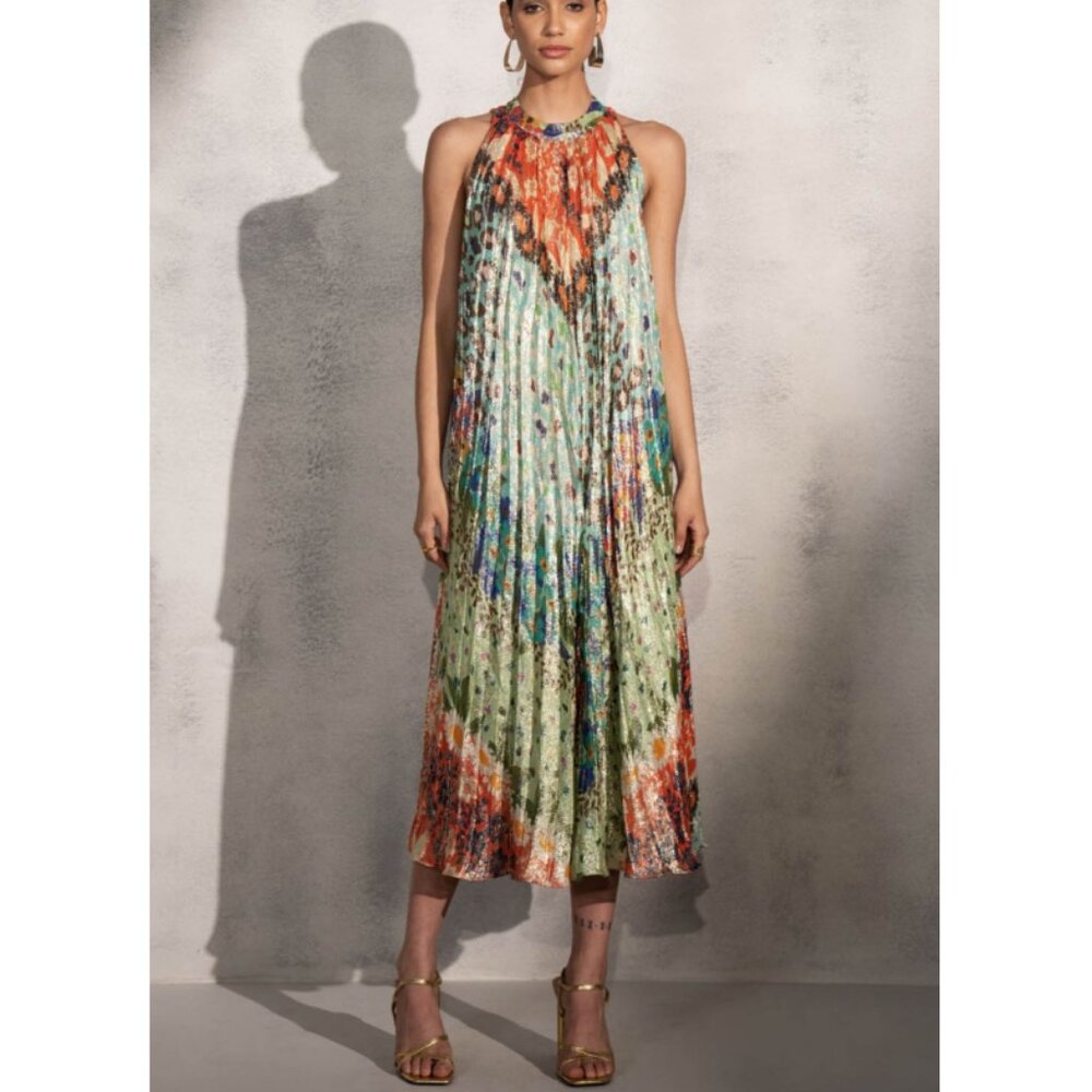 Ranna Gill Women's Orange Green Shimmer Sleeveless Zuri Midi Dress Size M